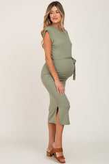 Sage Fitted Side Slit Maternity Midi Dress