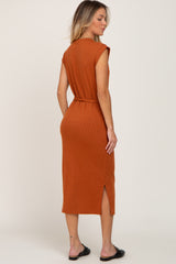 Rust Fitted Side Slit Midi Dress