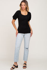 Black Ribbed Puff Sleeve Top