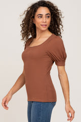 Mocha Ribbed Puff Sleeve Top