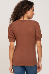 Mocha Ribbed Puff Sleeve Top