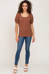 Mocha Ribbed Puff Sleeve Top