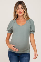 Light Olive Ribbed Puff Sleeve Maternity Top