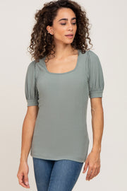 Light Olive Ribbed Puff Sleeve Top