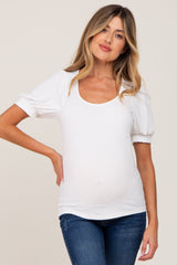 White Ribbed Puff Sleeve Maternity Top