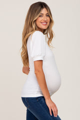 White Ribbed Puff Sleeve Maternity Top