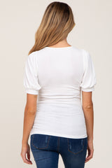 White Ribbed Puff Sleeve Maternity Top