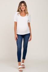 White Ribbed Puff Sleeve Maternity Top