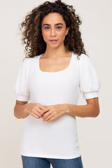 White Ribbed Puff Sleeve Top