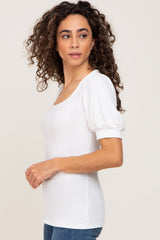 White Ribbed Puff Sleeve Top