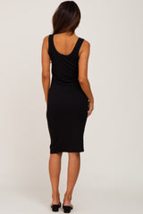 Black Ribbed Scoop Neck Sleeveless Midi Dress