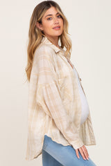 Taupe Plaid Front Pocket Maternity Button Up Top