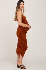 Brown Ruched Fitted Maternity Maxi Dress