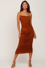 Brown Ruched Fitted Maxi Dress