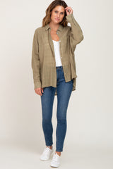 Olive Sheer Button Up Hi-Lo Top