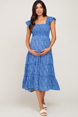 Blue Floral Smocked Tiered Maternity Midi Dress