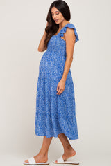 Blue Floral Smocked Tiered Maternity Midi Dress