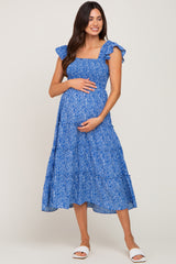 Blue Floral Smocked Tiered Maternity Midi Dress