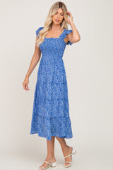 Blue Floral Smocked Tiered Midi Dress