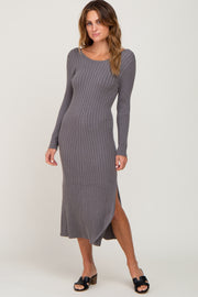 Grey Ribbed Side Slit Midi Sweater Dress