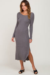 Grey Ribbed Side Slit Maternity Midi Sweater Dress