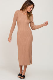 Camel Ribbed Side Slit Midi Sweater Dress