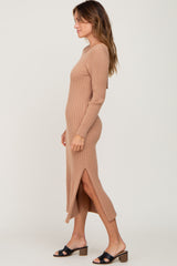 Camel Ribbed Side Slit Midi Sweater Dress