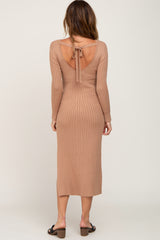 Camel Ribbed Side Slit Midi Sweater Dress