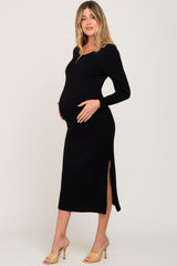 Black Ribbed Side Slit Maternity Midi Sweater Dress