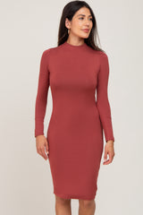 Rust Mock Neck Fitted Maternity Dress