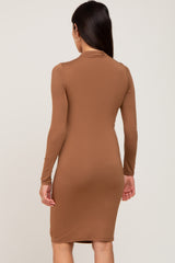 Camel Mock Neck Fitted Dress