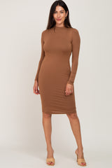 Camel Mock Neck Fitted Dress