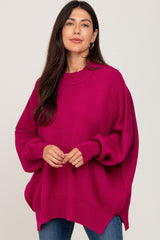 Magenta Mock Neck Side Slit Oversized Maternity Sweater