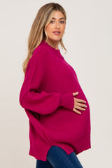 Magenta Mock Neck Side Slit Oversized Maternity Sweater