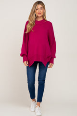 Magenta Mock Neck Side Slit Oversized Maternity Sweater