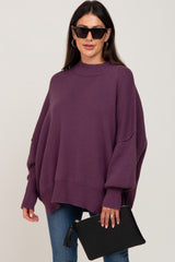 Purple Mock Neck Side Slit Oversized Maternity Sweater