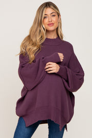 Purple Mock Neck Side Slit Oversized Maternity Sweater