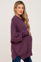 Purple Mock Neck Side Slit Oversized Maternity Sweater