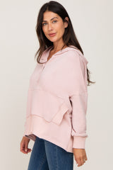 Light Pink Button Front Ribbed Trim Hooded Sweatshirt