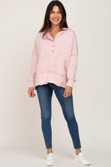 Light Pink Button Front Ribbed Trim Hooded Sweatshirt