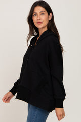 Black Button Front Ribbed Trim Hooded Sweatshirt