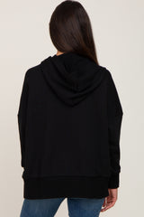 Black Button Front Ribbed Trim Hooded Sweatshirt