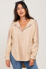 Beige Soft Mixed Knit Button Front Hooded Maternity Top