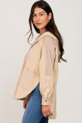 Beige Soft Mixed Knit Button Front Hooded Top