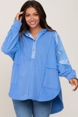 Light Blue Soft Mixed Knit Button Front Hooded Maternity Top