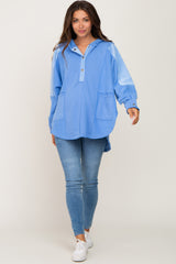 Light Blue Soft Mixed Knit Button Front Hooded Maternity Top