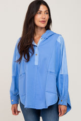 Light Blue Soft Mixed Knit Button Front Hooded Maternity Top