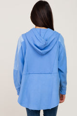 Light Blue Soft Mixed Knit Button Front Hooded Top