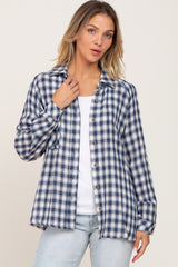 Navy Blue Plaid Flannel Maternity Top