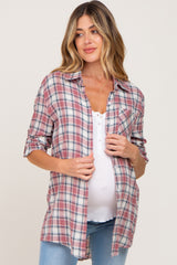 Red Plaid Rolled Cuff Flannel Maternity Top